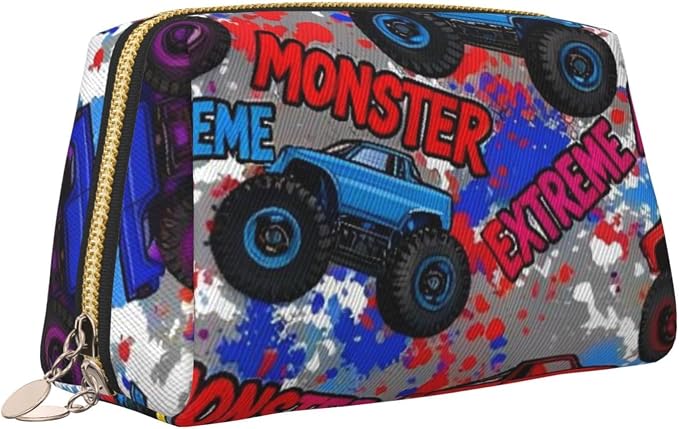 Monster Truck Car Grunge Leather Makeup Bag Cosmetic Pouch Portable Travel - Image 2