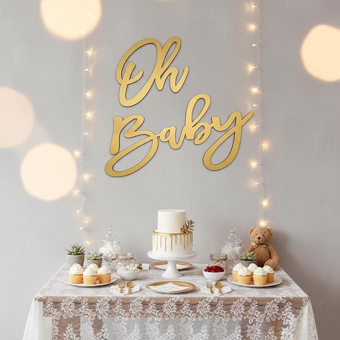 Oh Baby Sign for Backdrop, Large Wooden Baby Shower Sign Gold Letters Party - Image 4