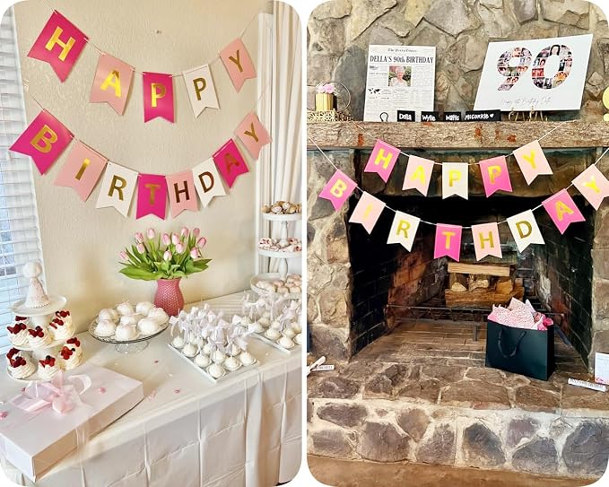 Happy Birthday Banner Birthday Party Supplies Garland Decorations Pink White - Image 6