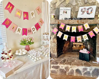 Happy Birthday Banner Birthday Party Supplies Garland Decorations Pink White - Image 6
