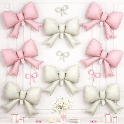 8Pcs Pink White Bow Foil Balloons, 21Inch Pink and White Bow Shaped Balloons by Hapmori