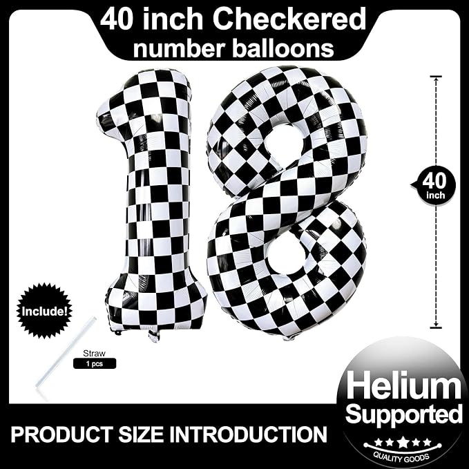 LHOAVWE Number 18 Checkered Balloons 40 Inch Giant Race Car Checkered 18 Number - Image 2