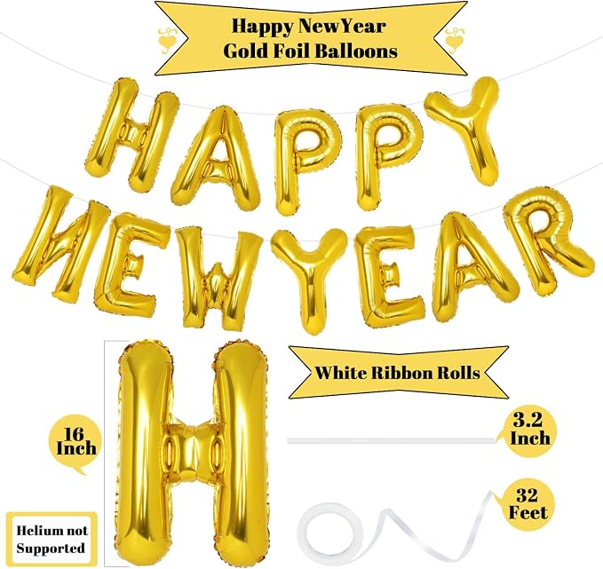 PIGETALE Gold Happy New Year Balloons, 16 Inch Gold Happy New Year Banner - Image 2