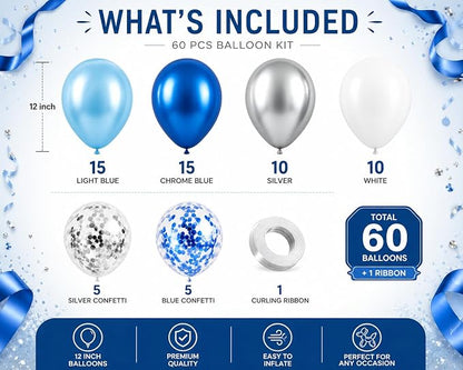 Blue White Silver Balloons Garland Kit – 60pcs 12 Inch Chrome Blue, Birthday - Image 2