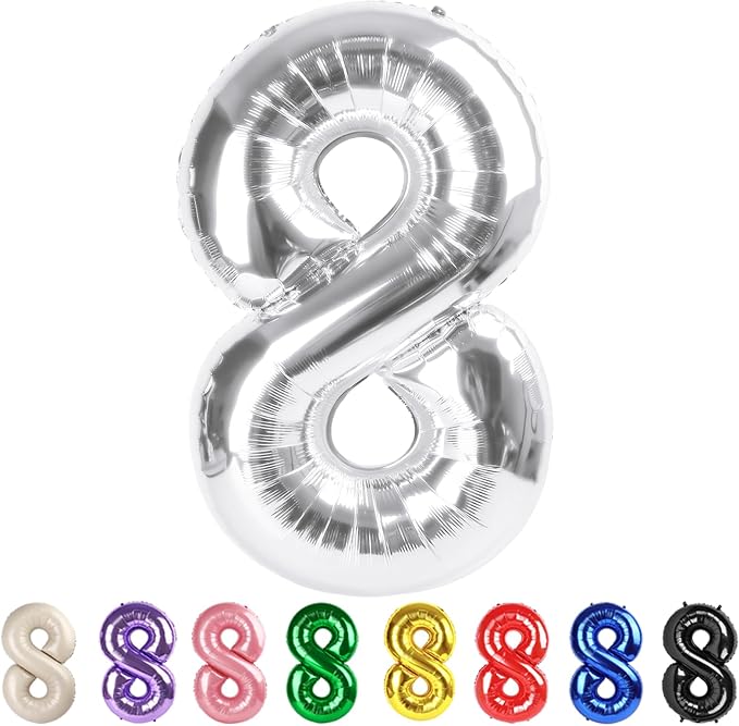 8 Balloon Numbers Party Decorations, 40In Silver Balloons by Mluchee