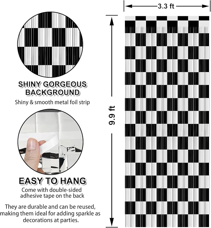 Crosize 4 Pack Black and White Party Streamers Backdrop, 3.3 x 9.9 ft | Tinsel - Image 2