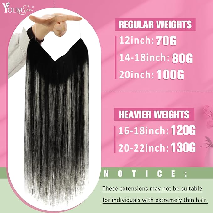 YoungSee 120G Wire Hair Extensions Ombre Black Human Hair Wire Extensions Black Ombre Silver Balayage Human Hair Fish Line for Women 16Inch