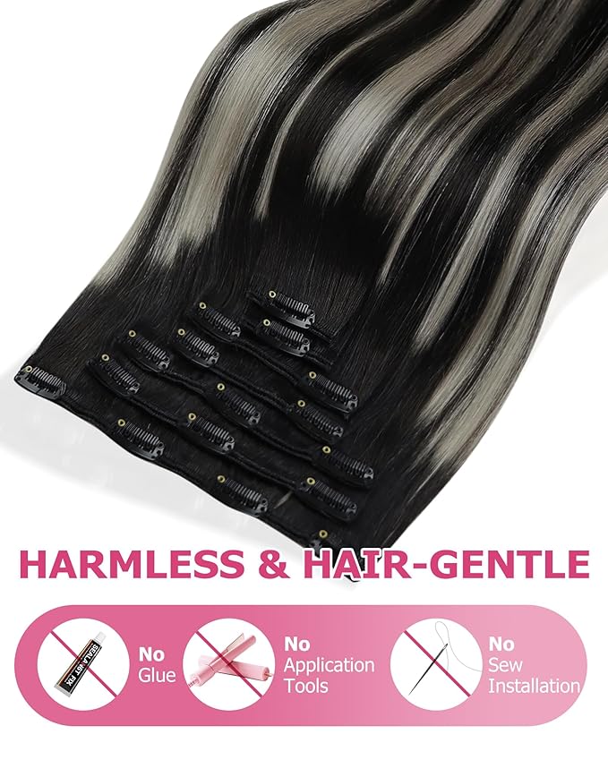 YoungSee Clip in Hair Extensions Real Human Hair Black Balayage Hair Extensions Clip ins Natural Black Roots to Silver Balayage Thick Human Hair Clip ins 18Inch 120G 7Pcs