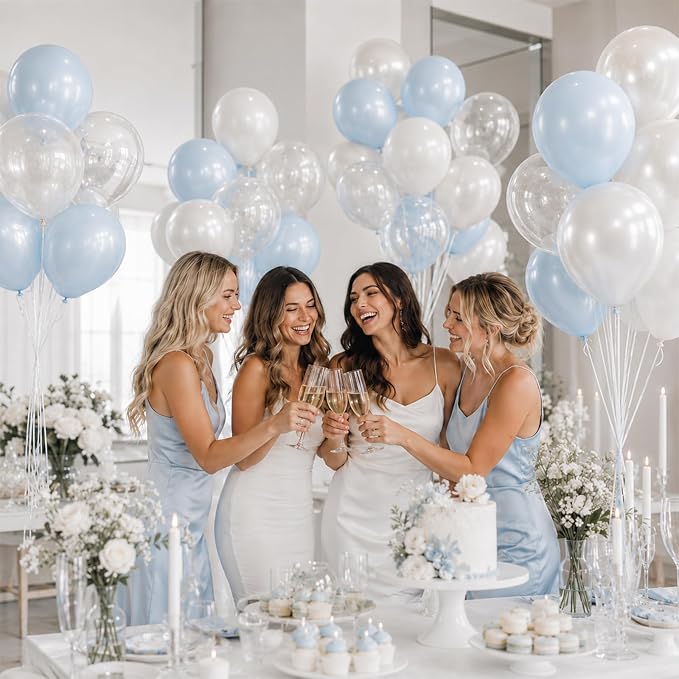 Blue and White Balloons, 12 Inch Blue White Clear Balloon, Pastel Blue Pearl - Image 4