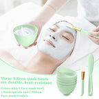7Pcs Silicone Facial Mask Bowl DIY Face Mask Mixing Bowl for Home Salon Spa Face Skin Applicator Bowl, Green
