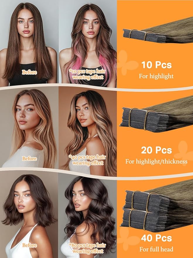 DOORES Human Hair Extensions Tape in Real Balayage Walnut Brown to Ash Brown and Bleach Blonde 18 Inch 20pcs 50g Tape in Hair Extensions Real Hair Extensions Straight
