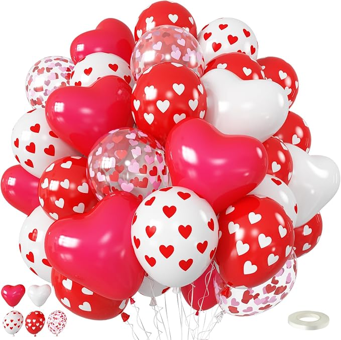 Red and White Heart Balloons, Mothers Day Balloons Heart Shaped Confetti Latex by Paeyeq