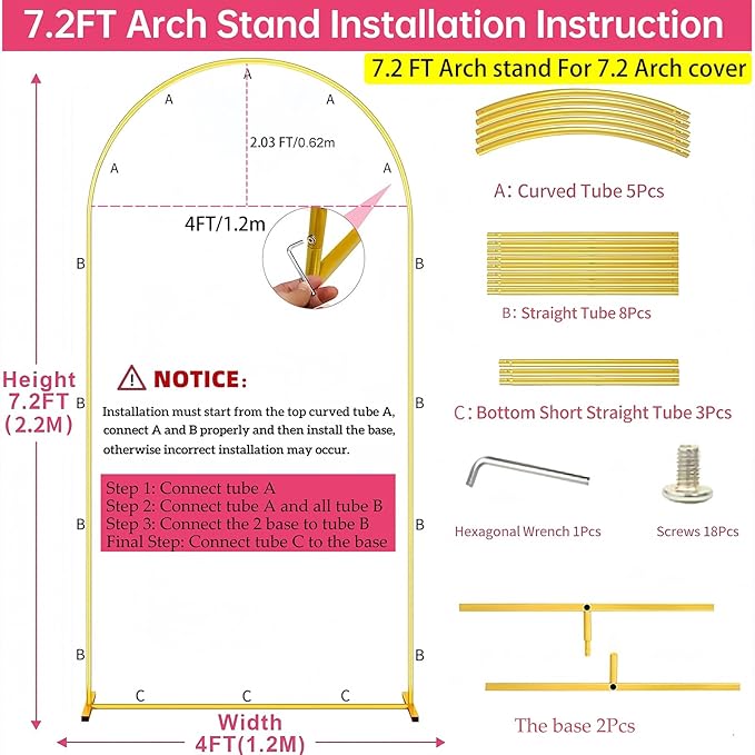 7.2FT Metal Arch Backdrop Stand Gold Wedding Balloon Frame Pergola Arbor | - Image 3