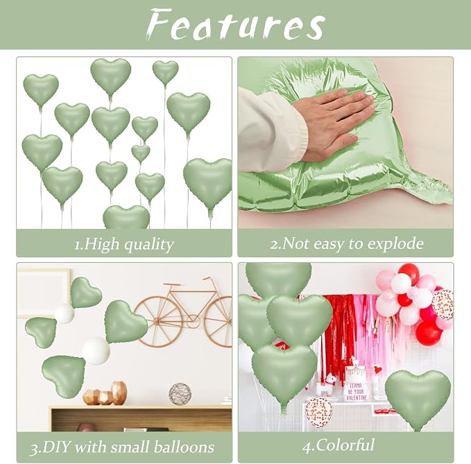Sage Green Heart Balloon, 18inch Olive Green Heart Shape Balloons - Image 3