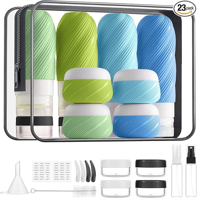 LitBear 23 Pack TSA Approved Travel Bottles for Toiletries, Leak Proof Refillable Travel Size Containers Kit with Silicone Squeezable Bottles Jars for Shampoo Lotion Conditioner, in Clear Bag, Blue