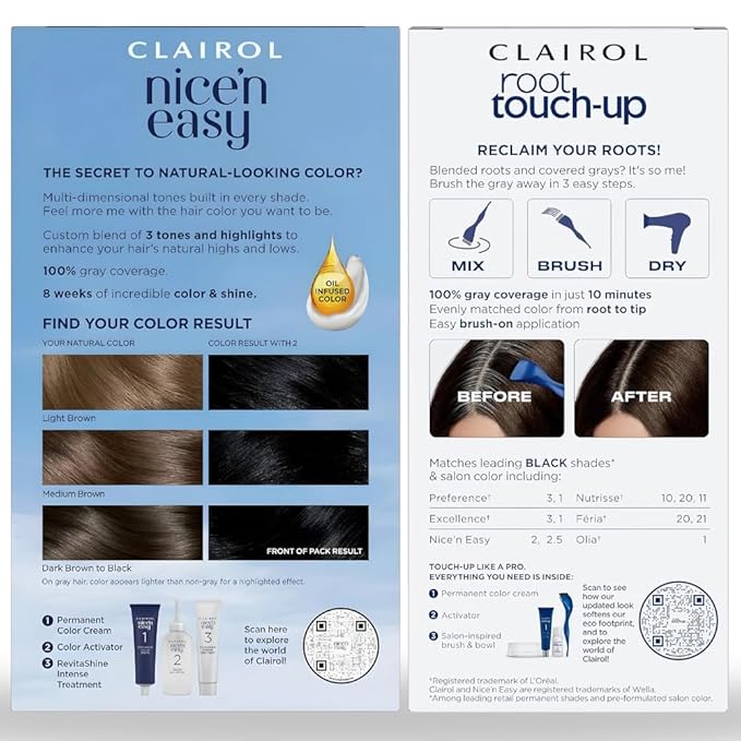 Clairol Root Touch-Up by Nice'n Easy Permanent Hair Dye, 2 Black Hair Color, Pack of 2 & Nice'n Easy Permanent Hair Dye, 2 Black Hair Color, Pack of 3