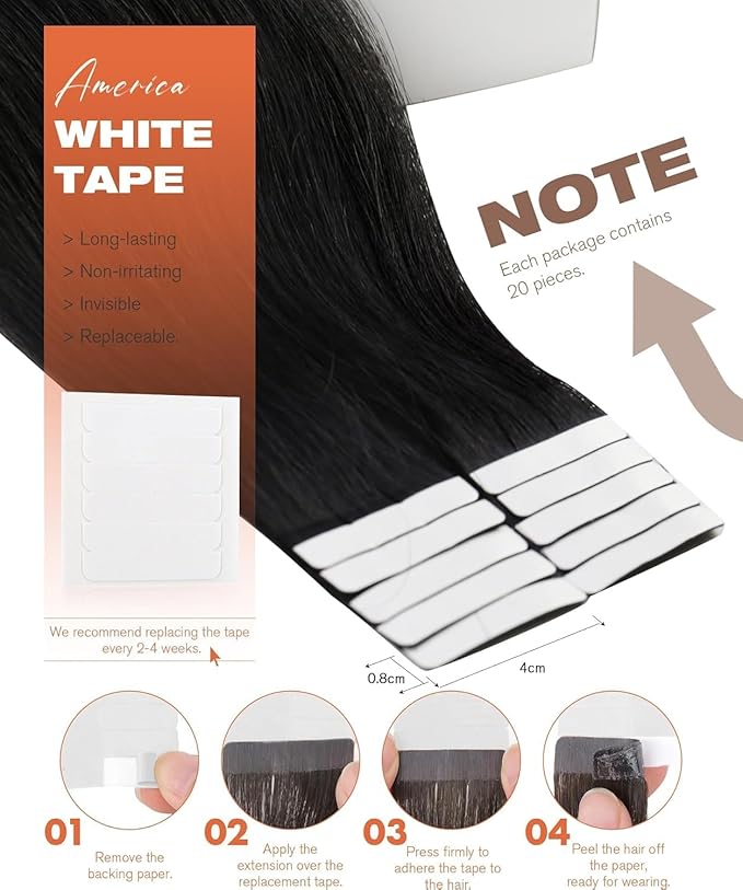 Sunny Hair Tape in Hair Extensions Human Hair 18inch Hair Extensions Real Human Hair Tape in Extensions for Women Jet Black Invisible Remy Hair Natural Straight Skin Weft Double Sided Tapes 20Pcs 50g