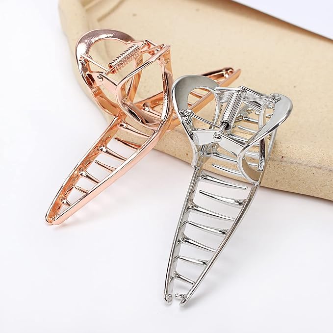 FAELBATY Hair Clip Claws Set of 3 (Glossy Silver, Dark Grey, Rose Gold) - Glossy Metal Hair Clips, Large Hair Accessories for Women and Girls, Strong Hold Barrette, 3 Pcs