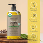 Majestic Pure Organic Castor Oil 8 Fl Oz - 100% Pure and Natural - Premium Grade Carrier Oil - Hair, Eyelashes and Eyebrows - Hair Oil and Body Oil - Cold Pressed - Hexane Free