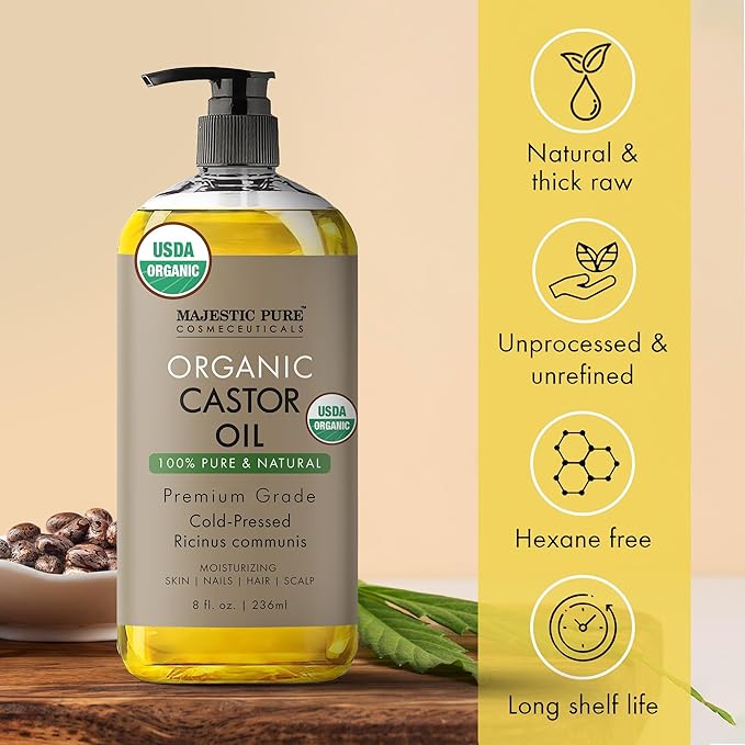 Majestic Pure Organic Castor Oil 8 Fl Oz - 100% Pure and Natural - Premium Grade Carrier Oil - Hair, Eyelashes and Eyebrows - Hair Oil and Body Oil - Cold Pressed - Hexane Free