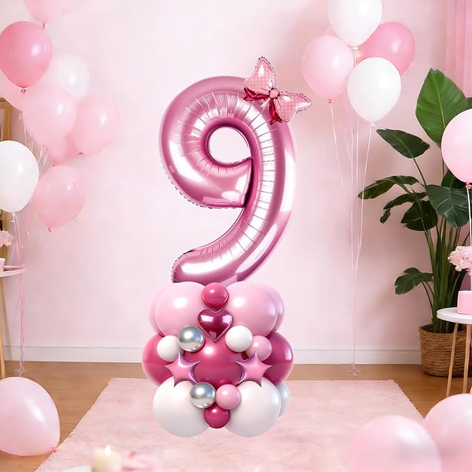 40 Inch Pink Number 9 Balloon Tower Set, Pastel Number Nine Foil Balloon - Image 4