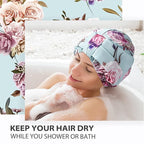 INNELO Luxury Shower Cap for Women Reusable Waterproof, Double Layered Shower Hair Cap with Adjustable Elastic Strap, Large Satin Lined Shower Bath Cap for Long Curly Straight Hair, Green-Flower