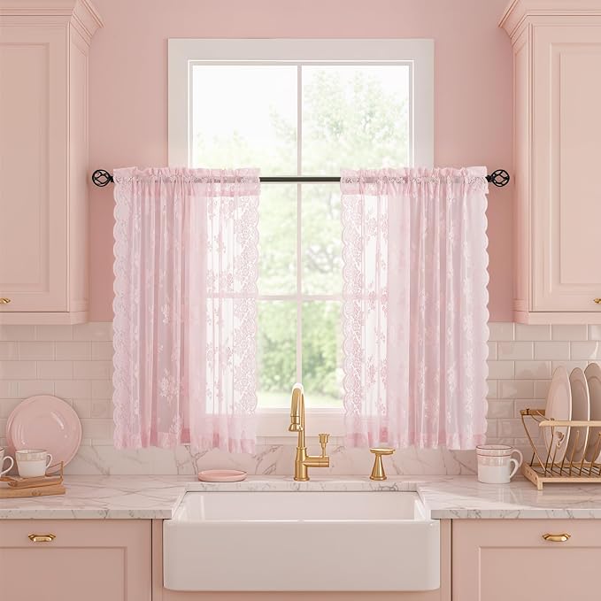 Kotile Short Pink Lace Curtains Rustic Floral W42 x L45 Inch, 2 Panels | Rod by Kotile+Curtains