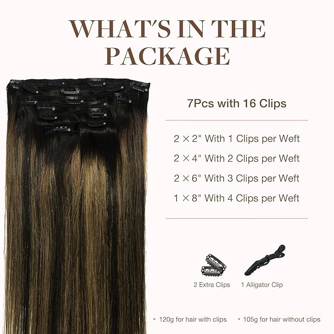 GOO GOO Clip in Hair Extensions Real Human Hair, Remy Human Hair Extensions Clip ins for Women, Natural Human Hair, 24inch 120g 7Pcs, 1B/6/1B Balayage Natural Black to Chestnut Brown