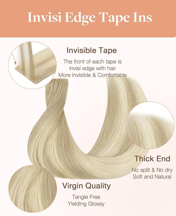 GOO GOO Invisi Edge Tape in Hair Extensions Human Hair, 18ET90A Natural Blonde Balayage 20pcs 20inch 50g, Virgin Remy Hair, Seamless Injected Tape, Natural Look