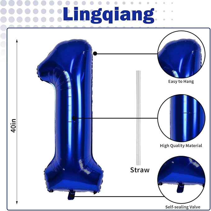 Navy Blue Number 1 Balloons, 40 In Large Dark Blue Number 1 Foil Helium Balloons - Image 2