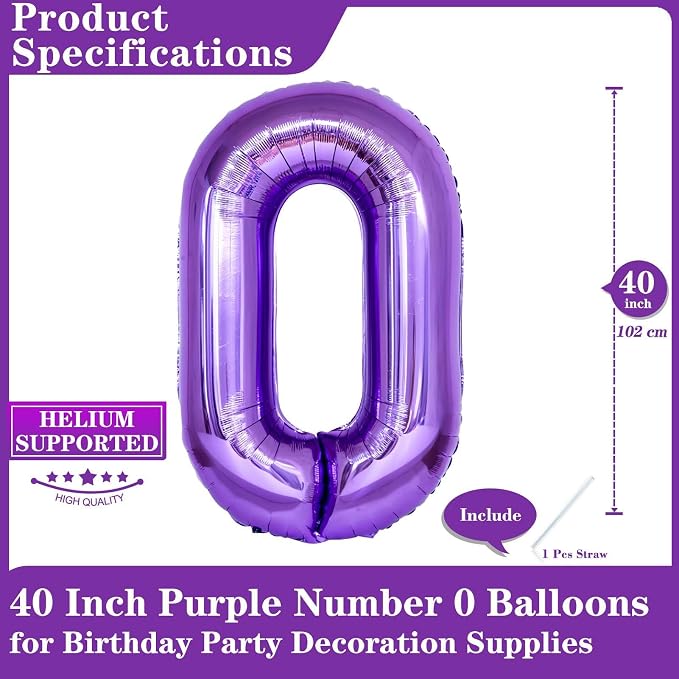 Purple Number 0 Balloons, 40 Inch Giant Number Balloons Foil Mylar Helium - Image 2