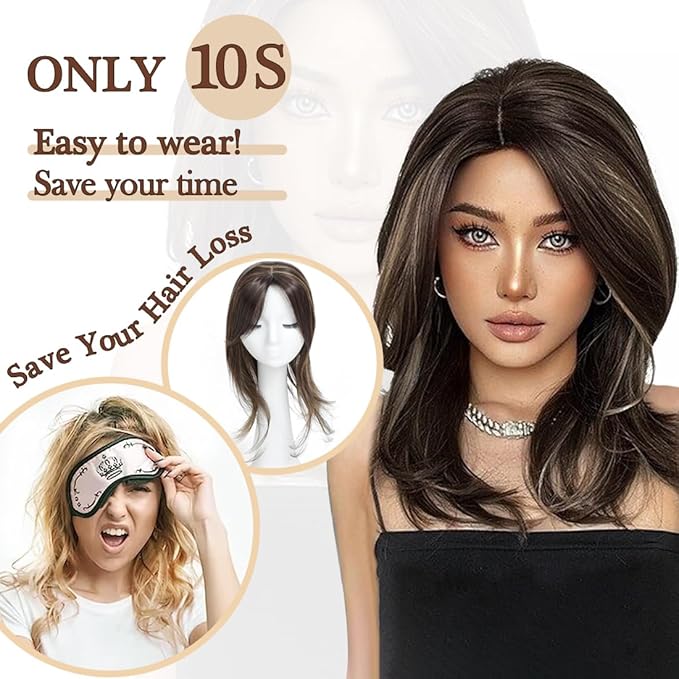 UDU Hair Toppers for Women for Thinning Hair Highlights Synthetic Fiber Hair Toppers Hair Pieces for Women Ladies Ash Brown Muti-layer Long Straight Wavy Clip in Wiglets with Fringe bangs