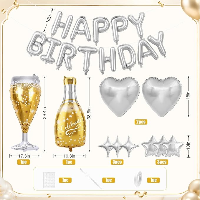Silver Happy Birthday Balloons Banner, Champagne Bottle Glass Foil Balloon - Image 2