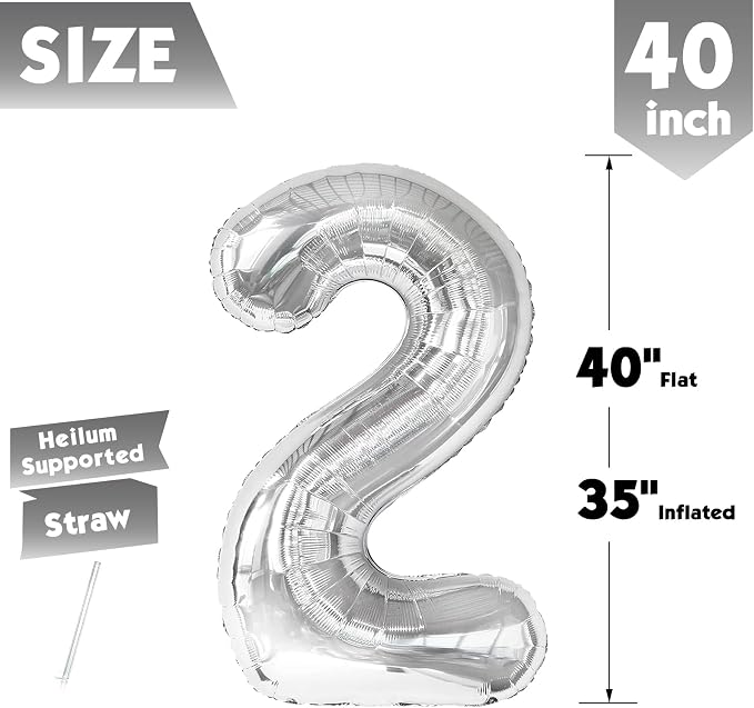 40 Inch Silver Number 2 Balloon Birthday Party Decorations - Image 5