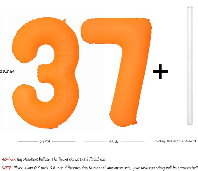 Orange Birthday Number 37 Balloon 40IN Fluorescent Orange 73 Balloon | - Image 2