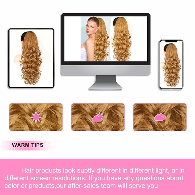 ALXNAN Ponytail Extension,24 Inch Claw Clip in Long Curly Wavy Light Orange Blonde Ponytail Hair Extension Jaw Clip on Pony Tails Hairpiece for Women
