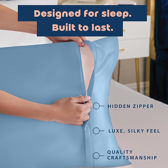BLISSFORD Luxury Satin Pillowcase for Hair – Queen Satin Pillowcase with Zipper, Jewel Blue (Pillowcase Set of 2)