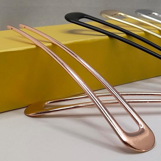 French Hair Pins - Metal Hair Fork Extra Long U Shaped Chignon 2-Prong Sticks for Women Bun Hair Accessories (Rose Gold - 2 Pcs)