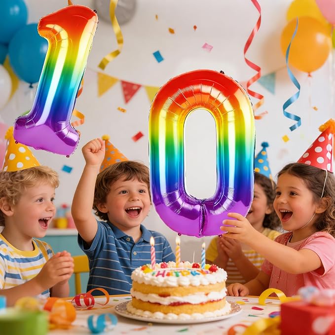 40 Inch Number 10 Balloons for 10th Birthday Party Decorations, 0-100 Rainbow - Image 2