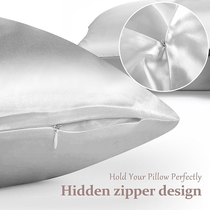 2 Pack 100% Pure Silk Pillowcase for Hair and Skin, Both Sides Mulberry Silk Pillowcases with Hidden Zipper, Cooling Pillowcase 19 Momme, 600 Thread Silk Pillow Cases Queen Size, Gray