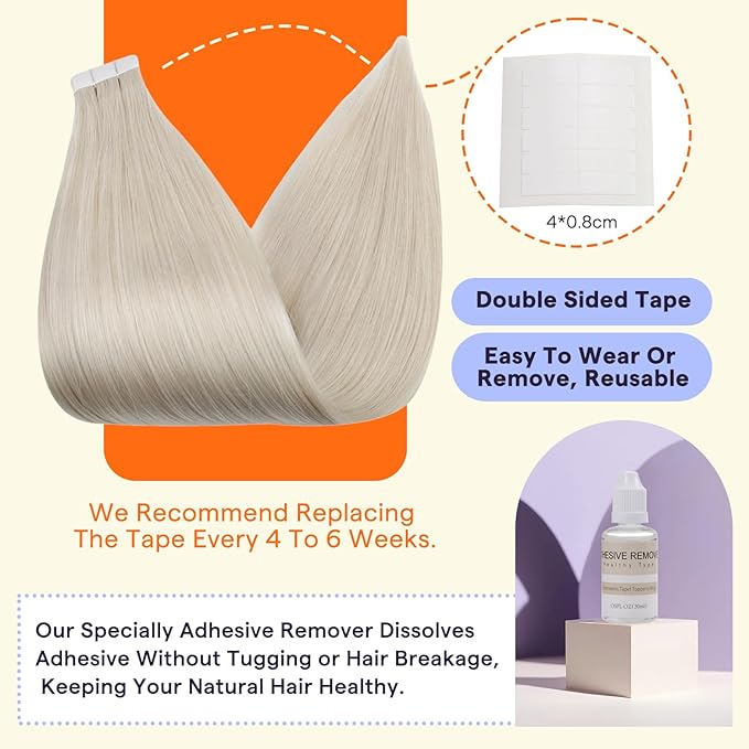 Full Shine Tape in Hair Extensions Color 1000A Blonde 22 Inch Invisible Seamless Remy Tape in Human Hair Extensions 50 Grams Natural Soft and Silky Extensions for Women Real Hair 20PCS for Wedding