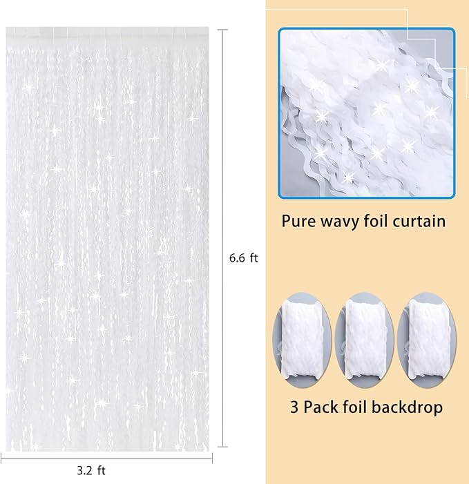 3Pcs Wavy White Metallic Tinsel Curtain Foil Fringe Backdrop, 3.3 ft x 6.6 ft - Image 3