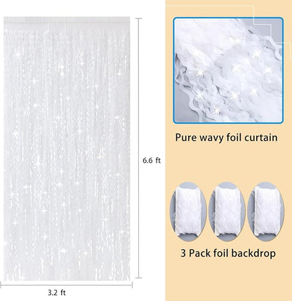 3Pcs Wavy White Metallic Tinsel Curtain Foil Fringe Backdrop, 3.3 ft x 6.6 ft - Image 3