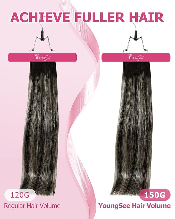 YoungSee 150G Clip in Hair Extensions Balayage Black Mix Silver Hair Extensions Clip ins Black Ombre Clip in Human Hair Extensions Long Straight Hair 24Inch 7Pcs