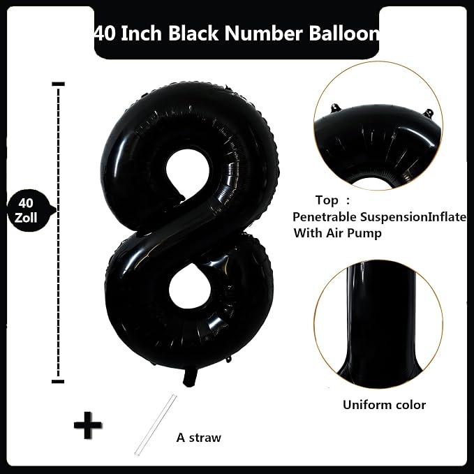 40 inch Black 8 Number Balloon Giant Foil Helium Balloons Black Large Digital - Image 2