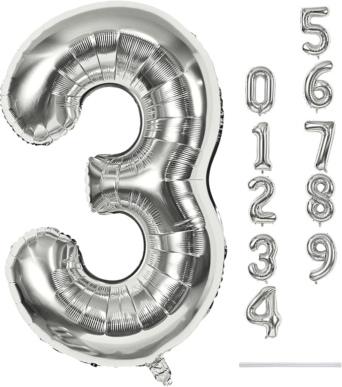 Silver 3 Balloons, 40 Inch Giant Helium Foil Number 0-9 Silver 3rd Birthday by Lingqiang