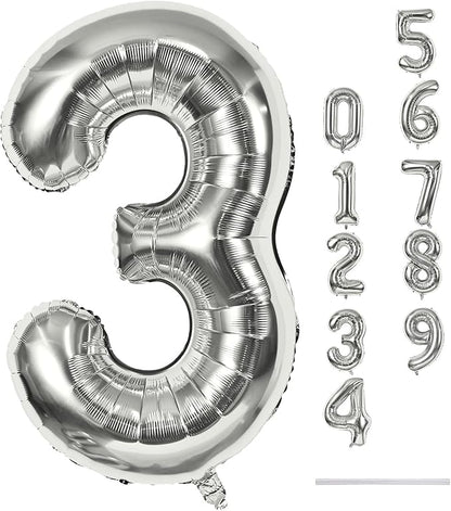Silver 3 Balloons, 40 Inch Giant Helium Foil Number 0-9 Silver 3rd Birthday by Lingqiang