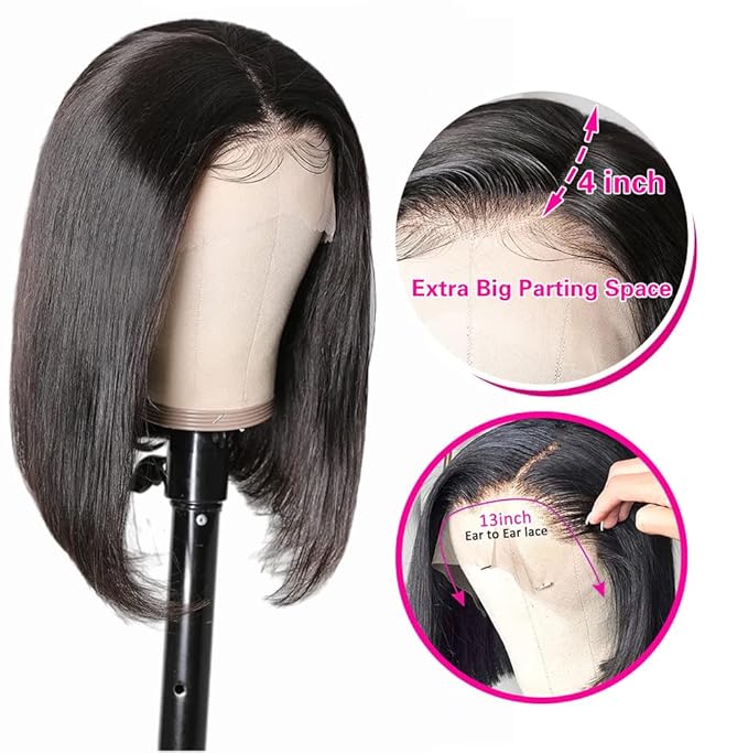 Bob Wig Human Hair 16 Inch 13x4 HD Frontal Bob Wigs Human Hair Pre Plucked with Baby Hair Straight Wigs for Black Women 180% Density Natural Black Wig