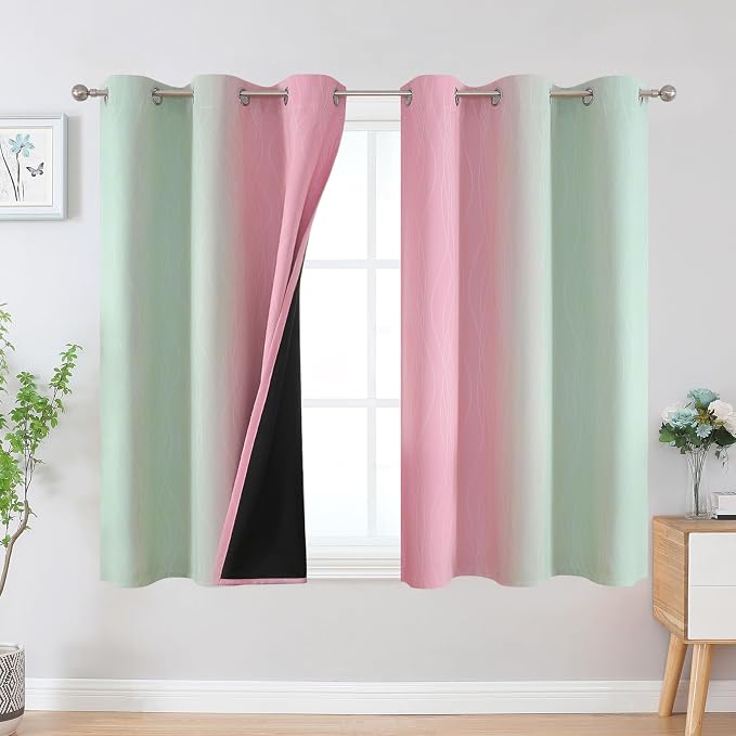 Pink and Sage Green Ombre Blackout Curtains 45 Inch Length 2 Panels, Full Room by ESTELARTEXTILER