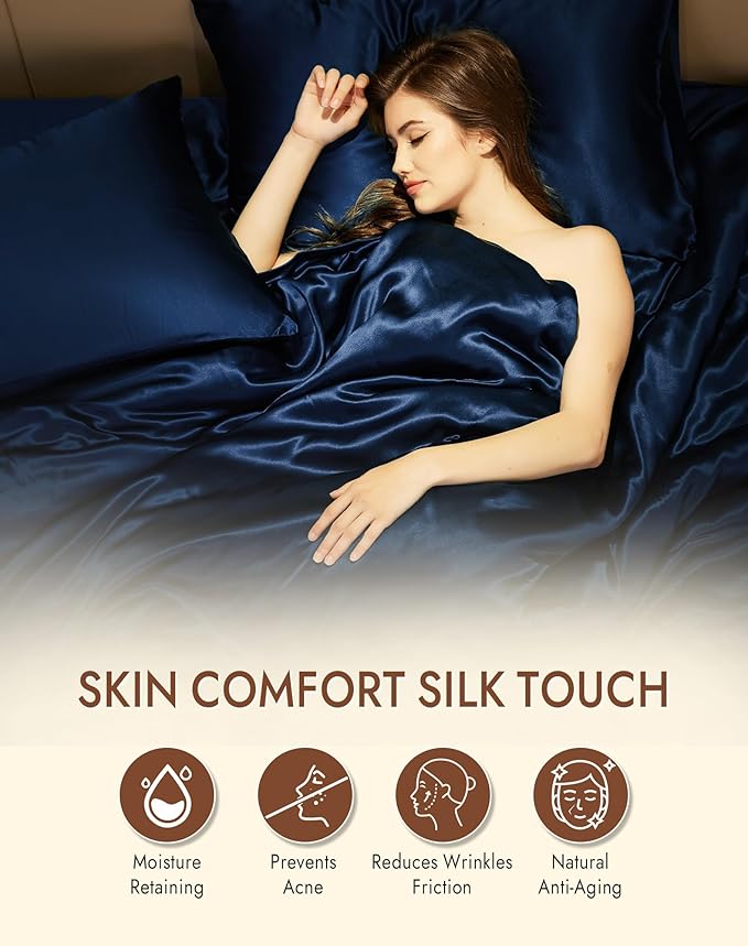SilkSilky 100% Mulberry Silk Pillowcase - Pure 22 Momme High-Grade 6A Fibers for Hair & Skin, Envelope Closure, Natural, Organic, Breathable & Cooling Pillow Case (Queen, Dark Blue)